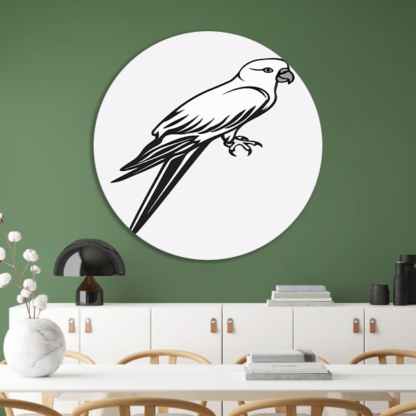 Minimalistische lijntekening van een papegaai op tak aluminium muurcirkel