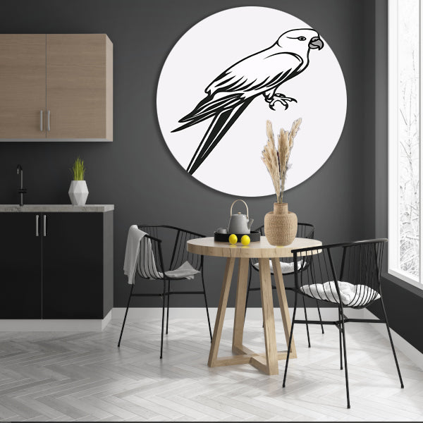 Minimalistische lijntekening van een papegaai op tak aluminium muurcirkel