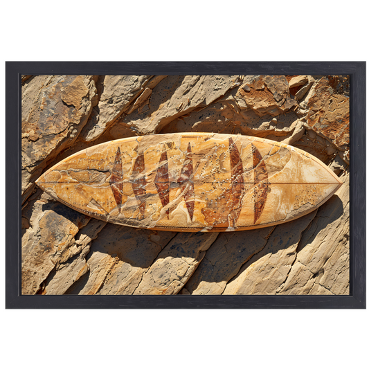 Surfplank op rotsen canvas met baklijst