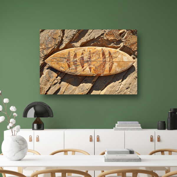 Surfplank op rotsen poster