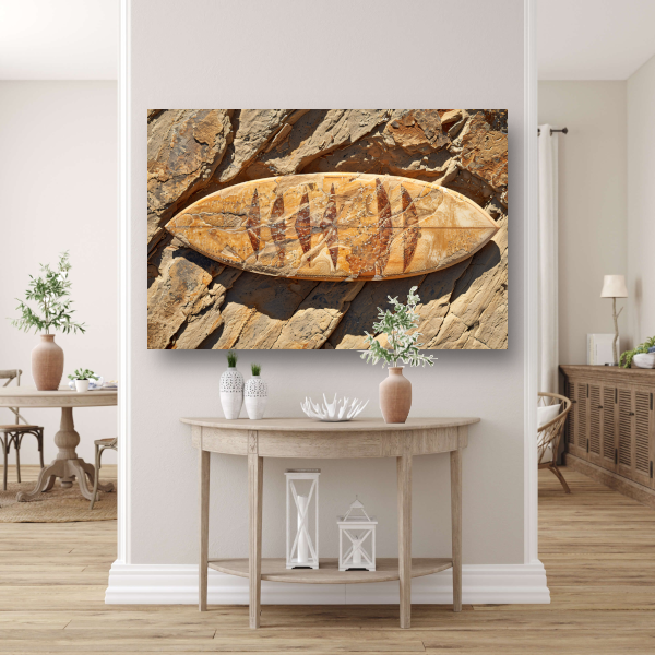 Surfplank op rotsen poster