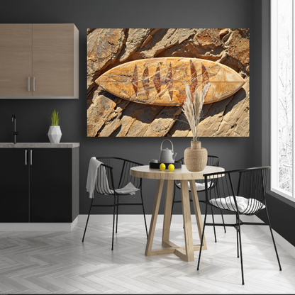 Surfplank op rotsen poster