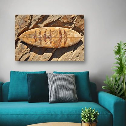 Surfplank op rotsen poster