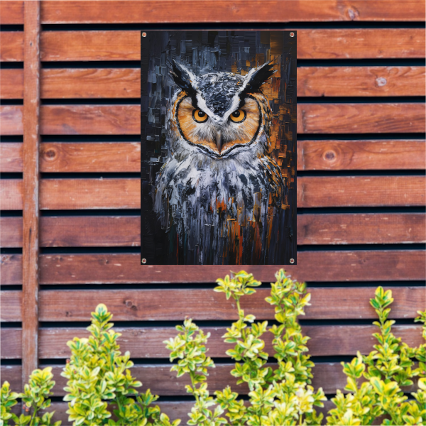De Intense Blik van een Kleurrijke Uil tuinposter