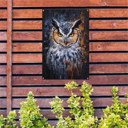De Intense Blik van een Kleurrijke Uil tuinposter