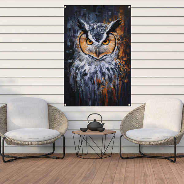 De Intense Blik van een Kleurrijke Uil tuinposter