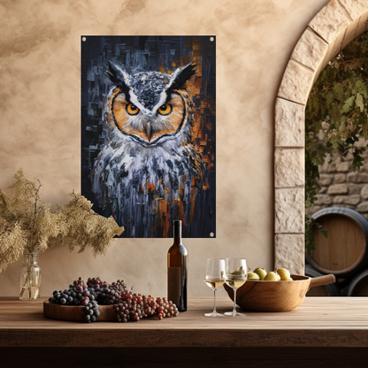 De Intense Blik van een Kleurrijke Uil tuinposter