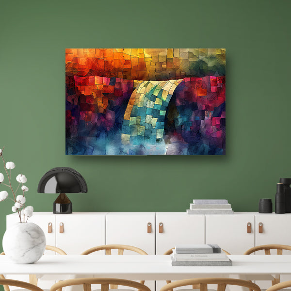 Kleurrijke digitale mozaïek waterval kunst canvas met baklijst