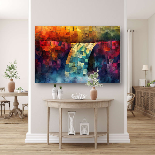 Kleurrijke digitale mozaïek waterval kunst canvas met baklijst