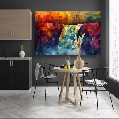 Kleurrijke digitale mozaïek waterval kunst canvas met baklijst
