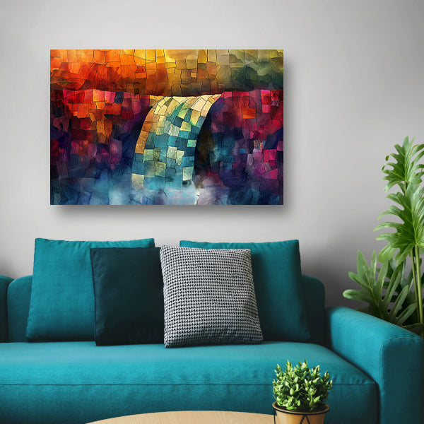 Kleurrijke digitale mozaïek waterval kunst canvas met baklijst