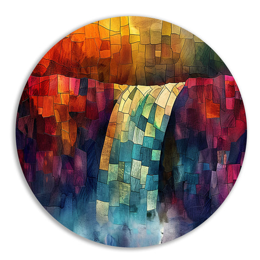 Kleurrijke digitale mozaïek waterval kunst aluminium muurcirkel