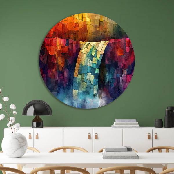 Kleurrijke digitale mozaïek waterval kunst aluminium muurcirkel