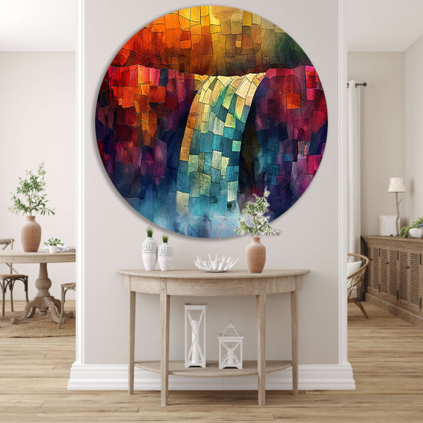 Kleurrijke digitale mozaïek waterval kunst aluminium muurcirkel