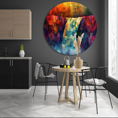 Kleurrijke digitale mozaïek waterval kunst aluminium muurcirkel