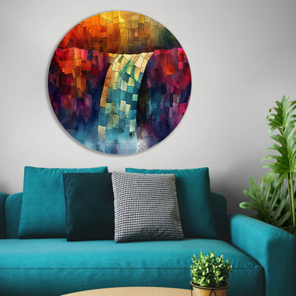 Kleurrijke digitale mozaïek waterval kunst aluminium muurcirkel