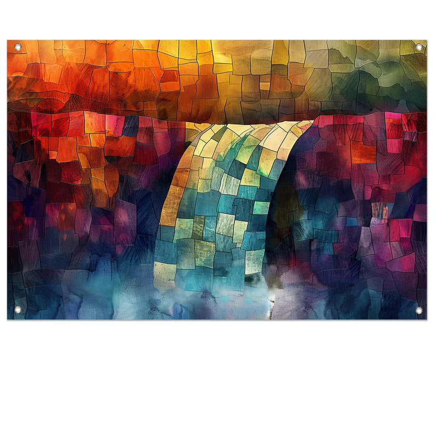 Kleurrijke digitale mozaïek waterval kunst tuinposter