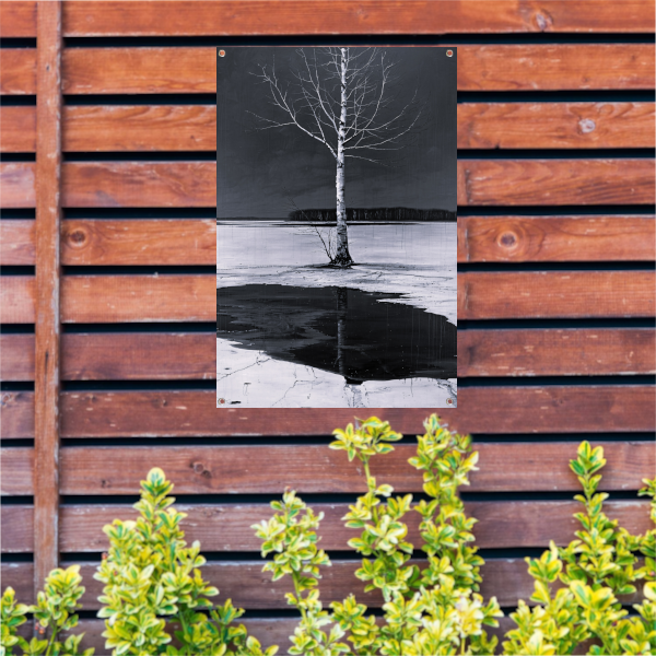 Eenzame boom bij bevroren meer tuinposter