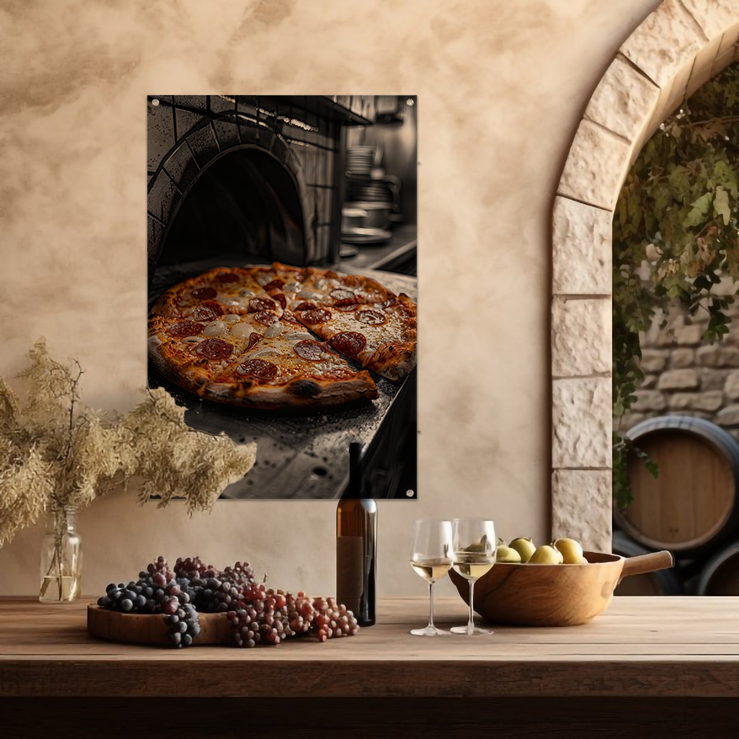 Pizza in een steenoven tuinposter