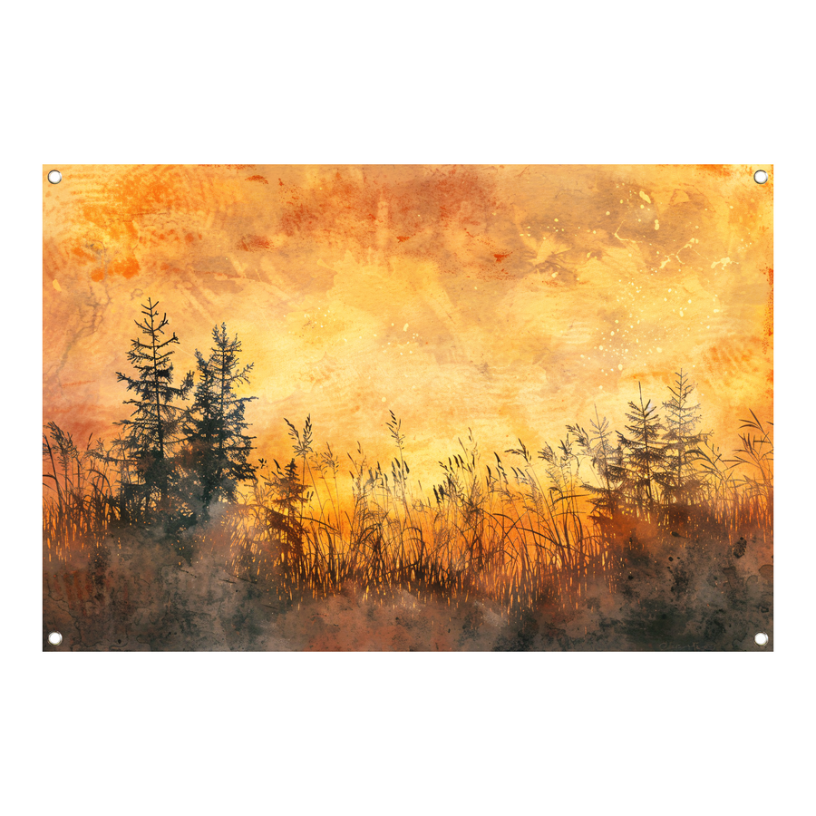 Warme Zonsondergang met Bomen en Gras tuinposter