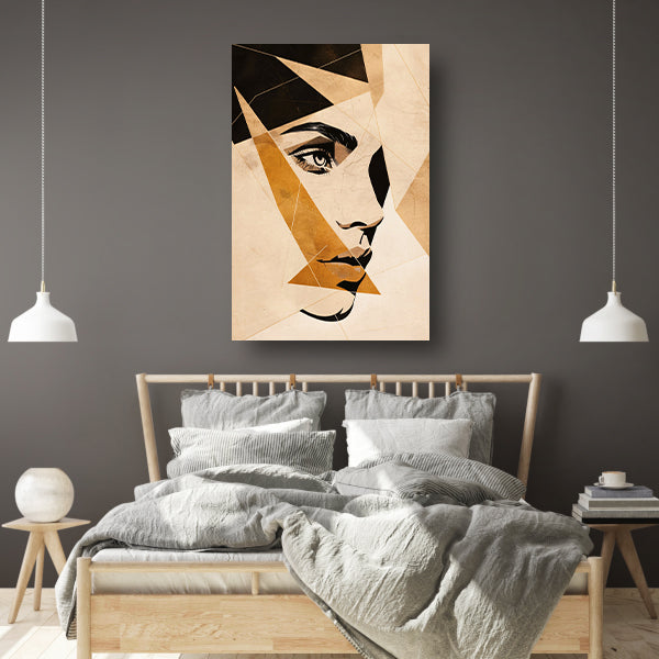 Abstract Gezicht in Geometrische Sepia Tinten canvas met baklijst
