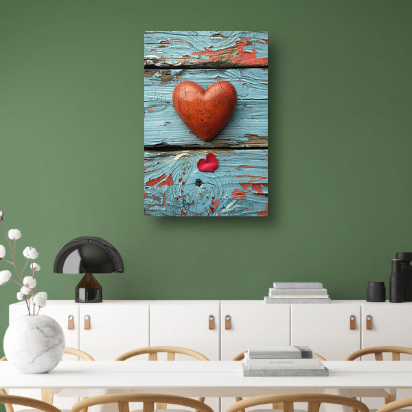 Houten Hart en Rozenblaadje op Verweerd Hout canvas met baklijst