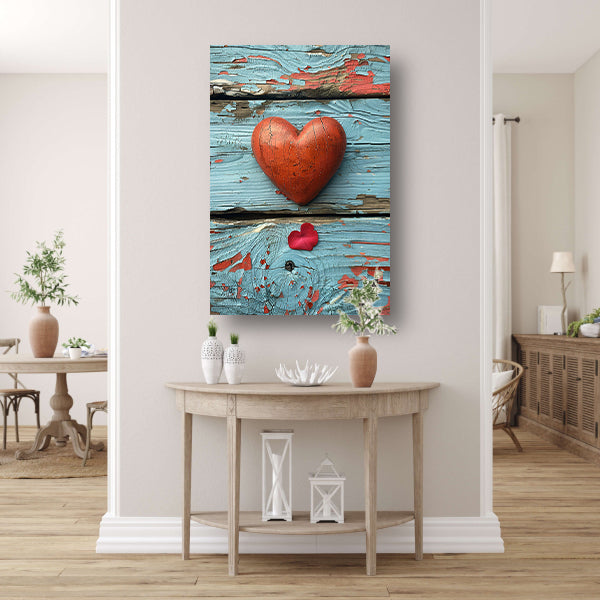 Houten Hart en Rozenblaadje op Verweerd Hout canvas