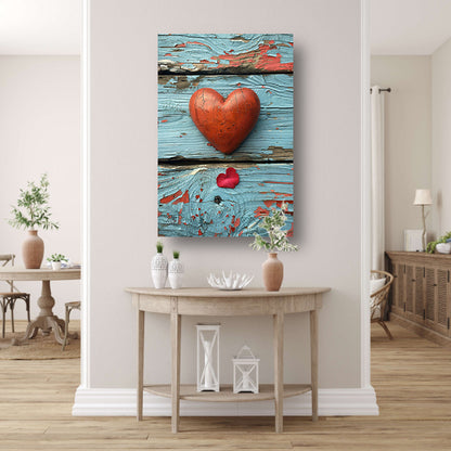 Houten Hart en Rozenblaadje op Verweerd Hout canvas met baklijst