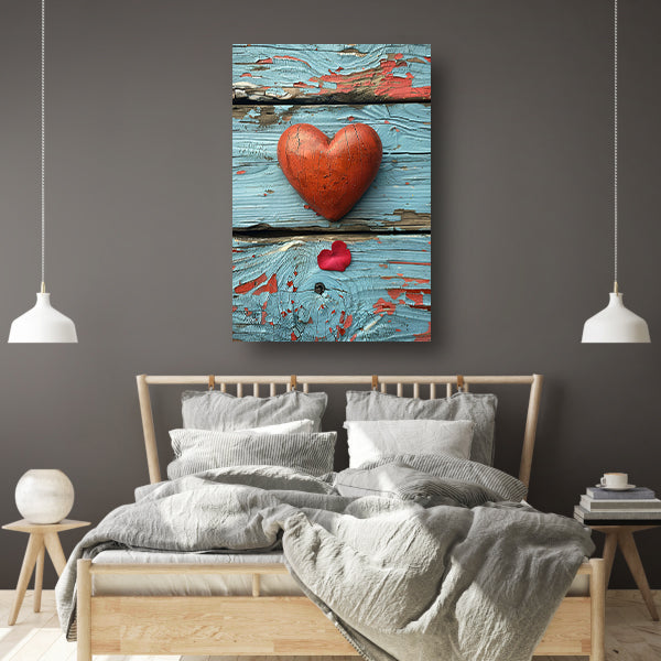 Houten Hart en Rozenblaadje op Verweerd Hout canvas