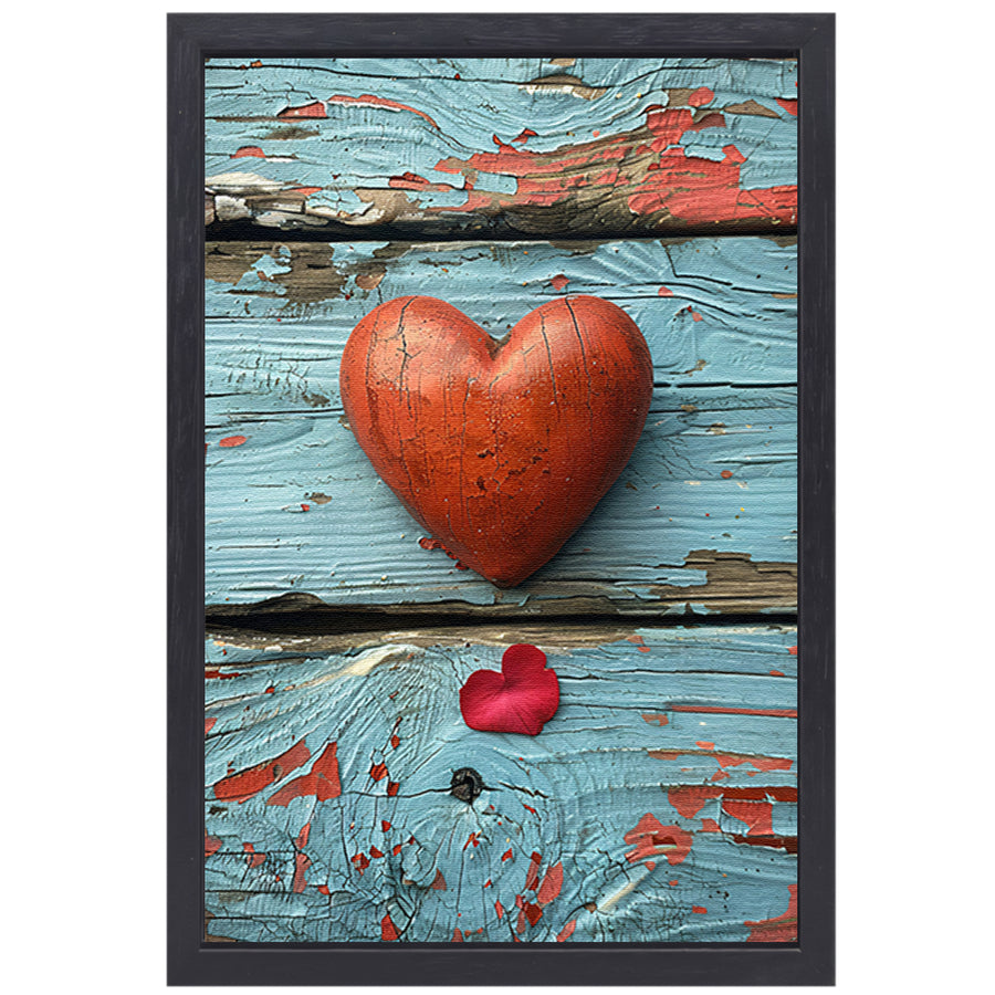 Houten Hart en Rozenblaadje op Verweerd Hout canvas met baklijst