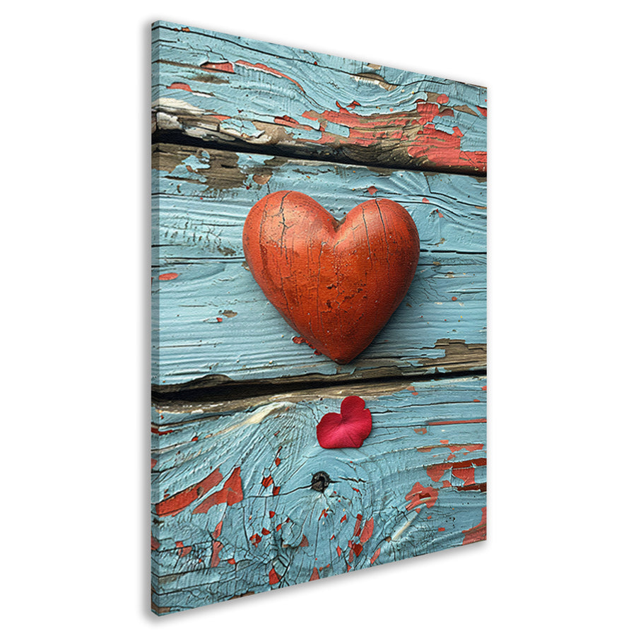 Houten Hart en Rozenblaadje op Verweerd Hout canvas