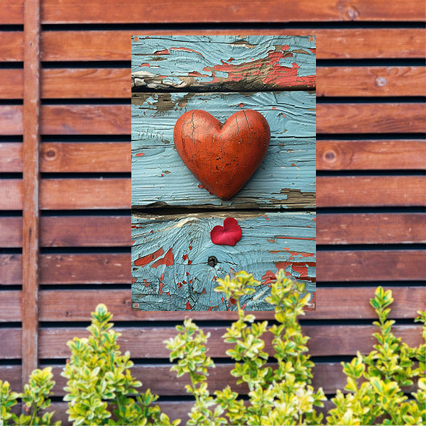 Houten Hart en Rozenblaadje op Verweerd Hout tuinposter
