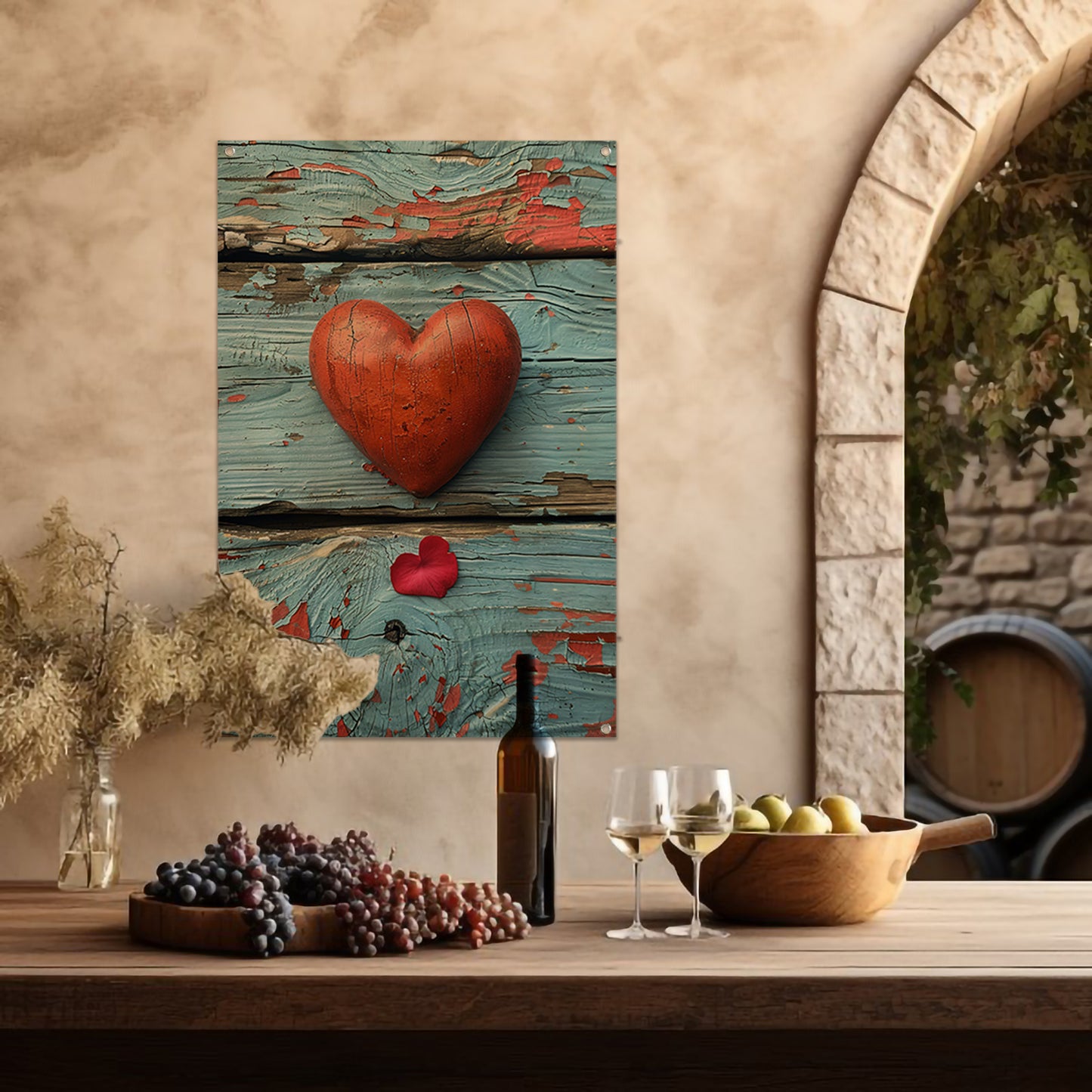 Houten Hart en Rozenblaadje op Verweerd Hout tuinposter