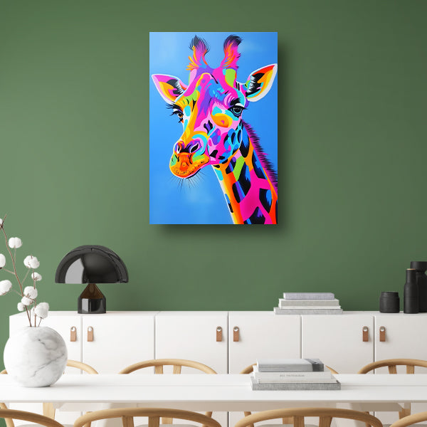 Kleurrijk en opvallend giraffe popart schilderij poster