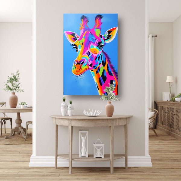 Kleurrijk en opvallend giraffe popart schilderij poster