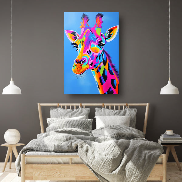 Kleurrijk en opvallend giraffe popart schilderij poster