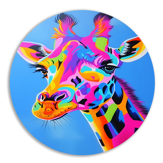 Kleurrijk en opvallend giraffe popart schilderij aluminium muurcirkel