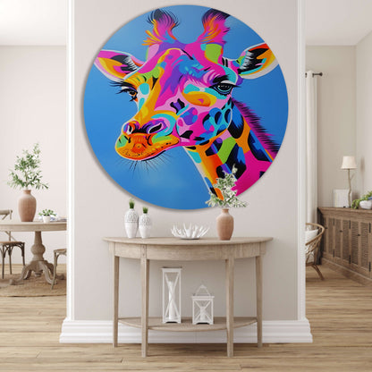Kleurrijk en opvallend giraffe popart schilderij aluminium muurcirkel