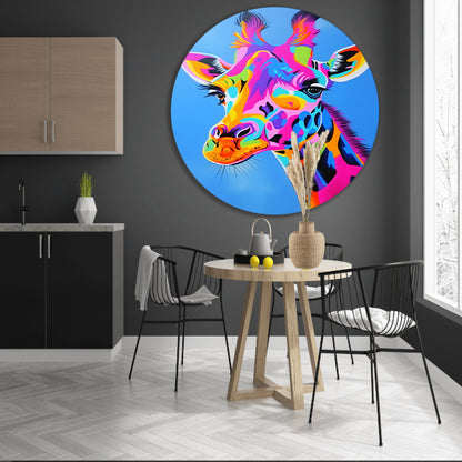 Kleurrijk en opvallend giraffe popart schilderij aluminium muurcirkel