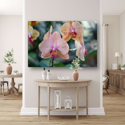 Close-up van bloeiende orchidee met bladerencanvas