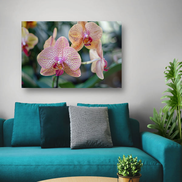 Close-up van bloeiende orchidee met bladerencanvas