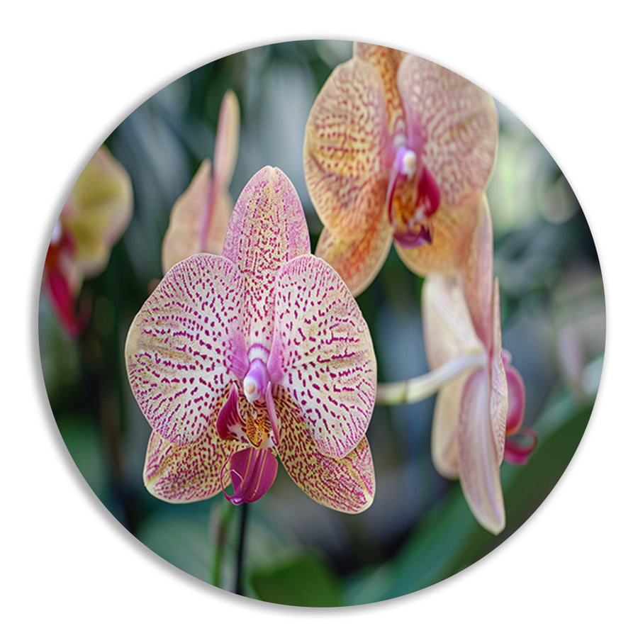 Close-up van bloeiende orchidee met bladeren forex muurcirkel