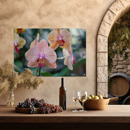 Close-up van bloeiende orchidee met bladeren tuinposter