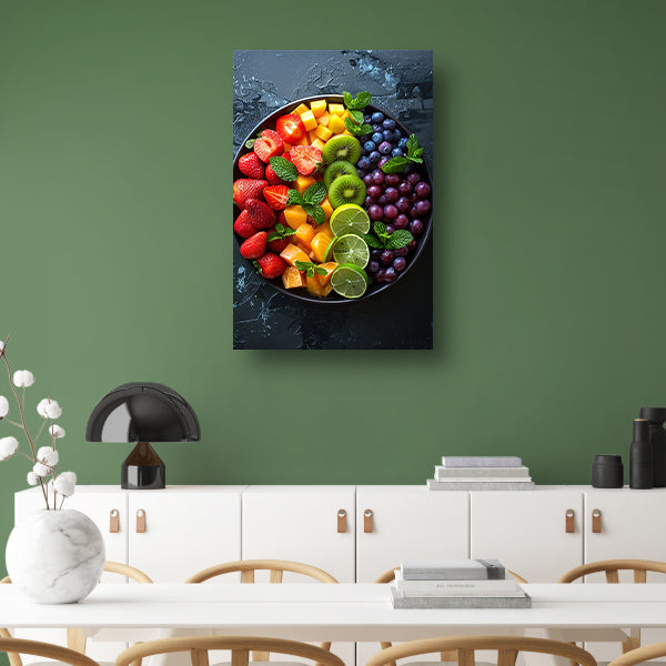 Kleurrijk fruitschaal met muntblaadjes canvas met baklijst