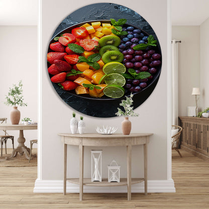 Kleurrijk fruitschaal met muntblaadjes aluminium muurcirkel