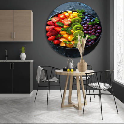 Kleurrijk fruitschaal met muntblaadjes aluminium muurcirkel