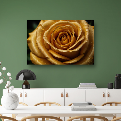 Gouden Roos met Dauw op Zwarte Achtergrond poster