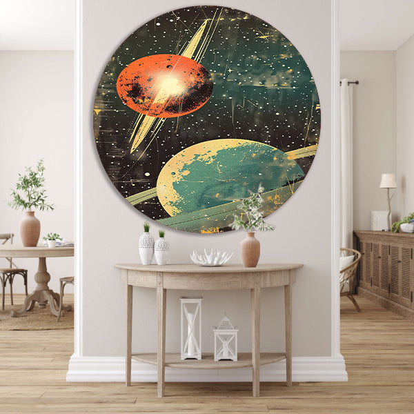 Retro-futuristische Planeten in Sterrenhemel aluminium muurcirkel