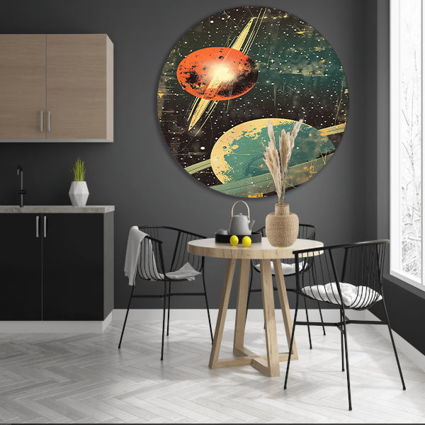 Retro-futuristische Planeten in Sterrenhemel aluminium muurcirkel