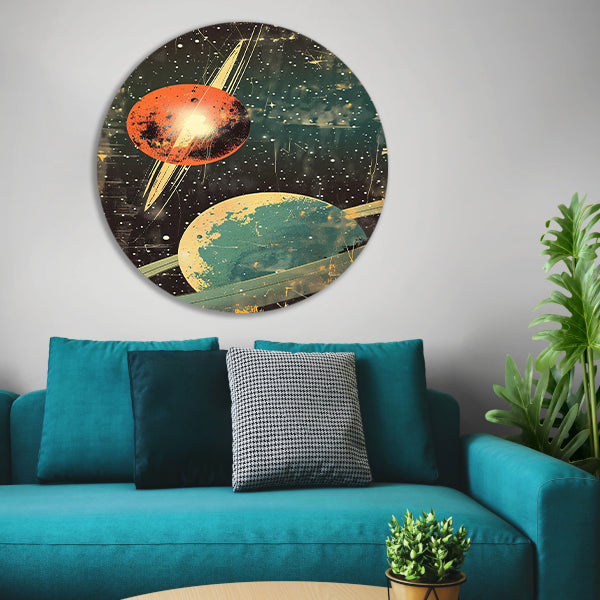 Retro-futuristische Planeten in Sterrenhemel aluminium muurcirkel